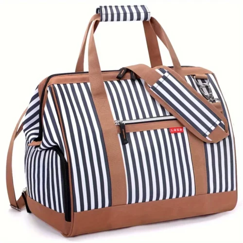 Sac week-end femme avec compartiment chaussures – ouverture large rayé bleu