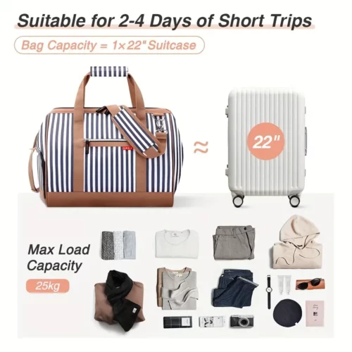 Sac week-end femme avec compartiment chaussures – ouverture large rayé bleu