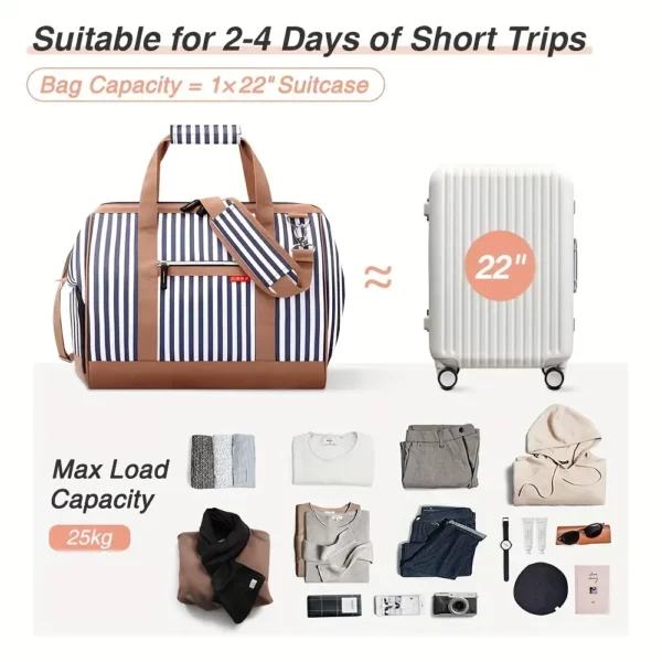 Sac week-end femme avec compartiment chaussures – ouverture large rayé bleu