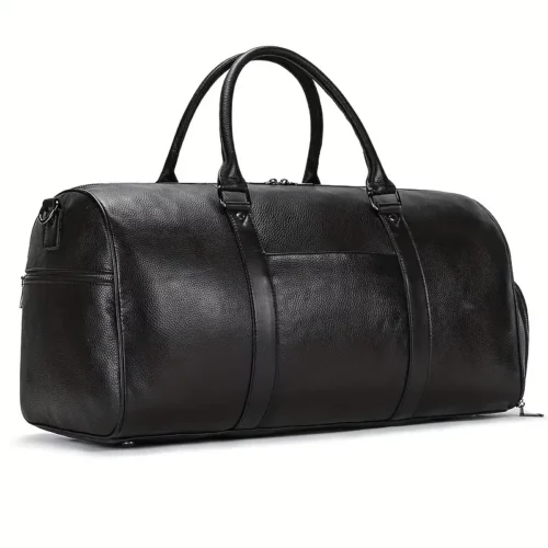 Sac de voyage en cuir véritable avec compartiment chaussures – noir imperméable