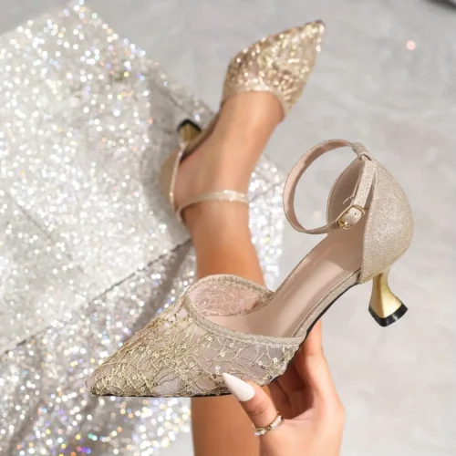Escarpins mariage femme à talon bas pailletés – bout pointu élégant et confortables