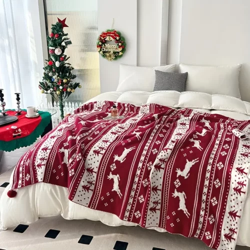Plaid de Noël tricoté motif renne et flocon – déco chaleureuse festive