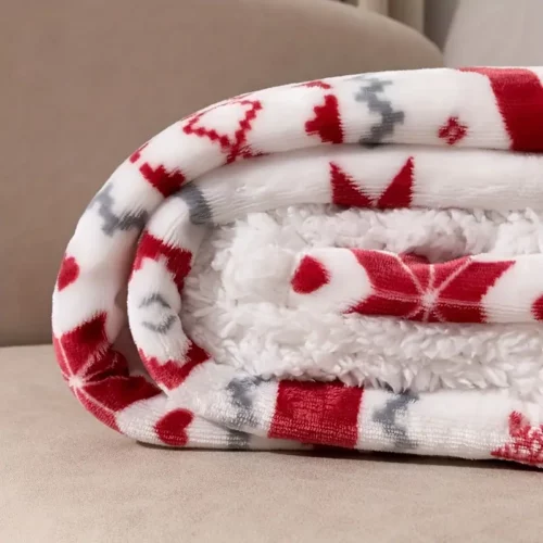 Plaid de Noël en flanelle douce – motif flocons et rennes style français