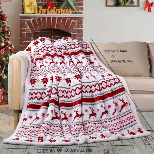 Plaid de Noël en flanelle douce – motif flocons et rennes style français