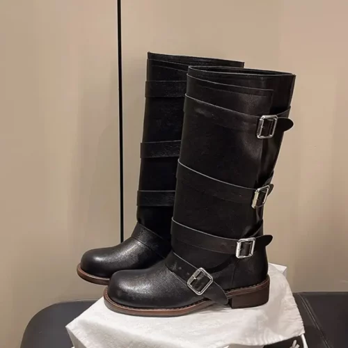 Bottes cavalières femme en cuir épais – style western polyvalent à la cheville
