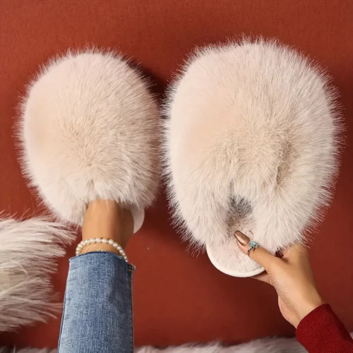 Chaussons femme en fausse fourrure douce – semelle antidérapante intérieur extérieur
