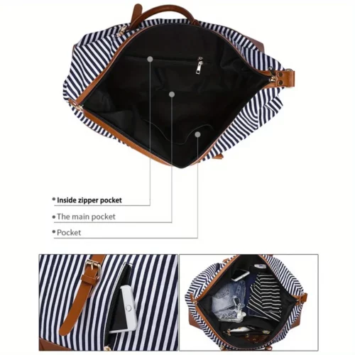 Sac week-end femme convertible en tissu résistant à rayures – style sport chic