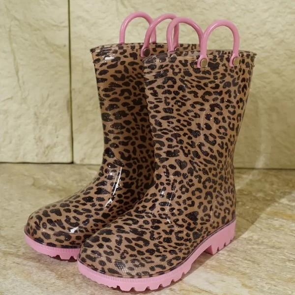 Bottes de pluie femme en caoutchouc imprimé léopard avec poignées contrastées