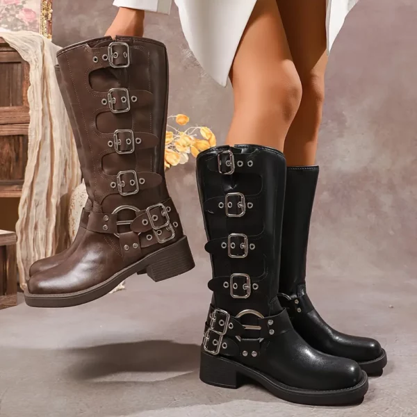 Bottes cavalières femme en cuir synthétique avec boucles – doublure confort
