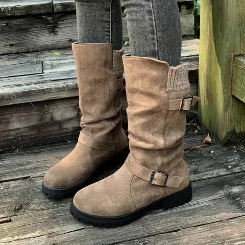 Bottes western femme à talon épais – design froncé été 2025, bout rond confort