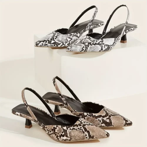 Sandales femme à petit talon effet serpent – bout pointu et bride élastique