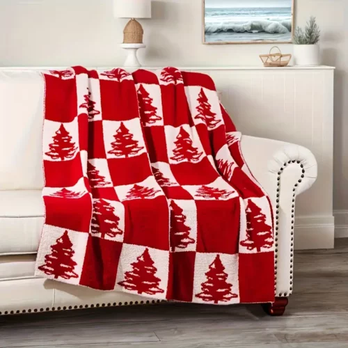 Plaid de Noël en polyester motif sapin – doux, lavable et déco festive