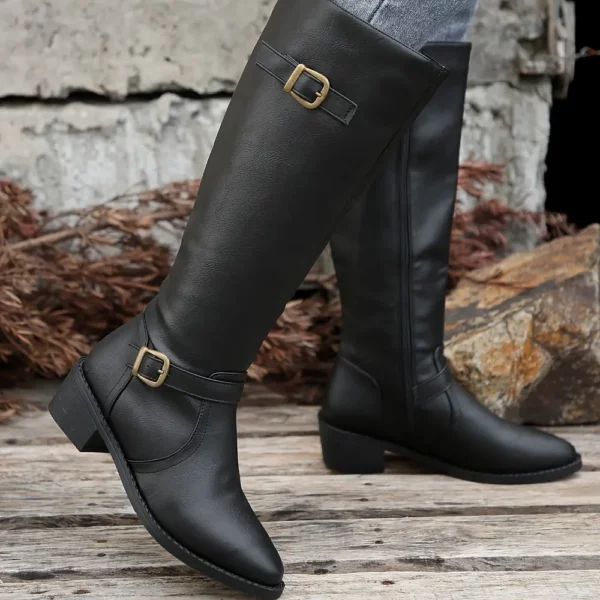 Bottes cavalières femme en cuir synthétique noir – style vintage élégant
