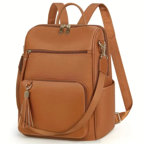 Sac à dos femme élégant en cuir synthétique avec compartiment ordinateur et pompon