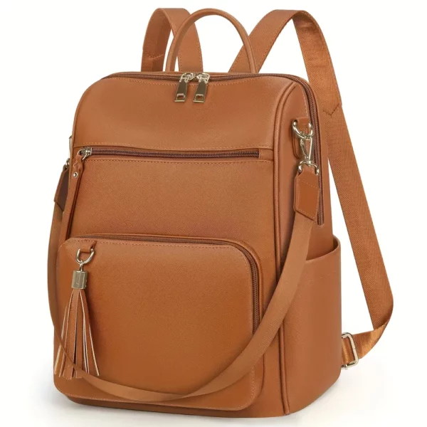 Sac à dos femme élégant en cuir synthétique avec compartiment ordinateur et pompon