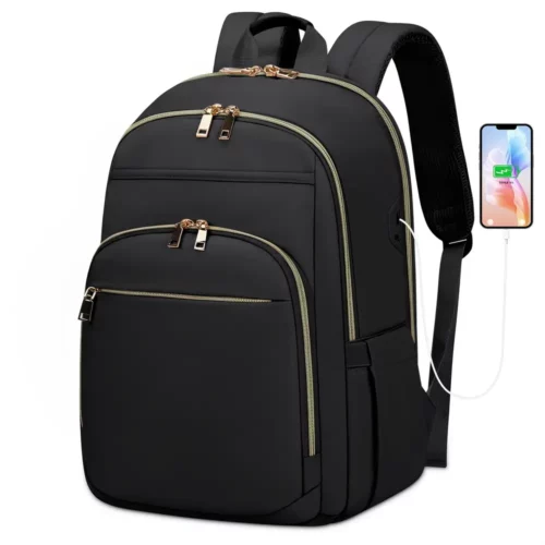 Sac à dos ordinateur femme élégant – compartiments multiples, style chic noir