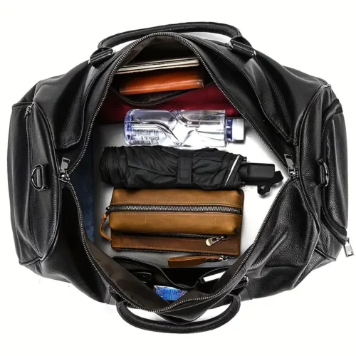 Sac de voyage en cuir véritable avec compartiment chaussures – noir imperméable