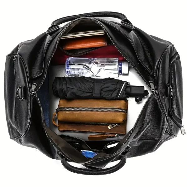 Sac de voyage en cuir véritable avec compartiment chaussures – noir imperméable