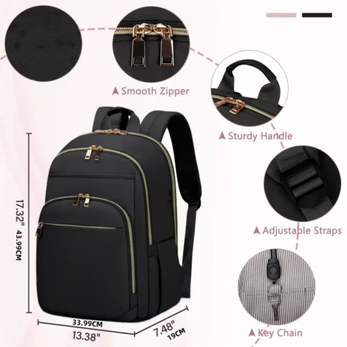 Sac à dos ordinateur femme élégant – compartiments multiples, style chic noir