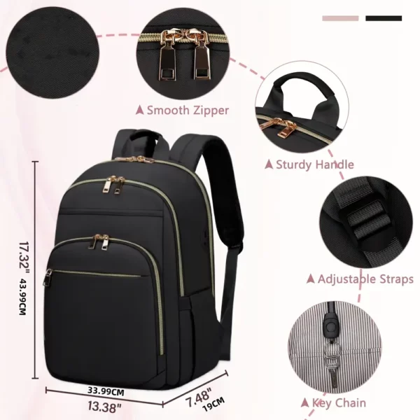 Sac à dos ordinateur femme élégant – compartiments multiples, style chic noir