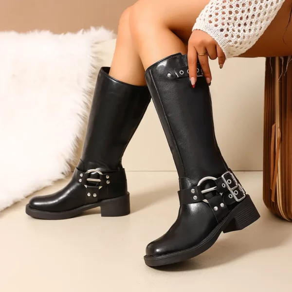 Bottes femme à talon épais – design mi-mollet avec boucles décoratives pull-on
