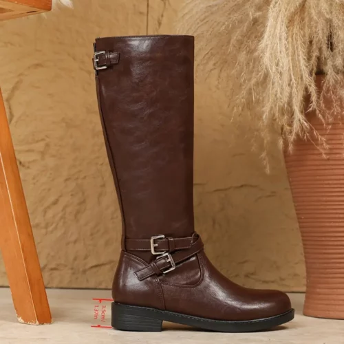 Bottes cavalières femme en cuir avec double boucle et fermeture latérale