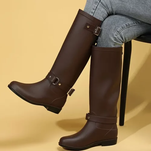 Bottes cavalières femme en cuir PU avec boucle et talon bas – confort moto