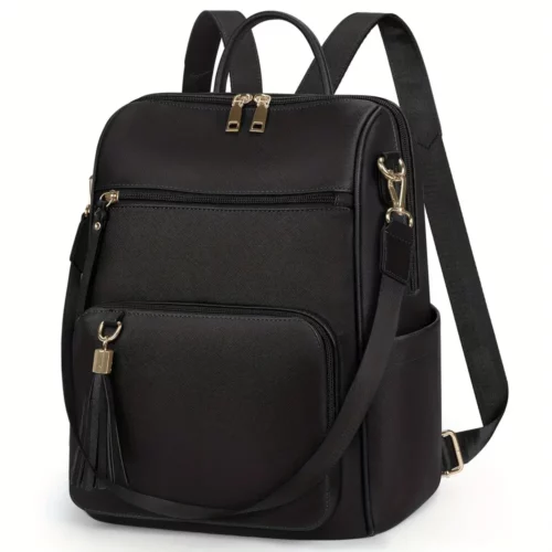 Sac à dos femme élégant en cuir synthétique avec compartiment ordinateur et pompon