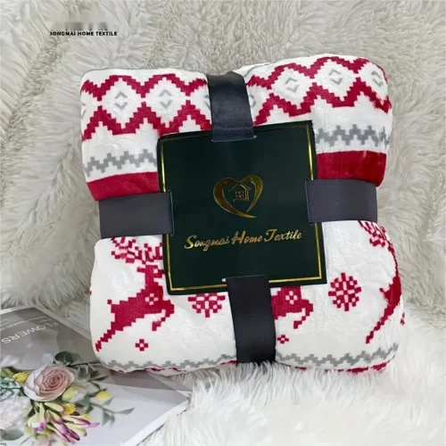 Plaid de Noël en flanelle douce – motif flocons et rennes style français