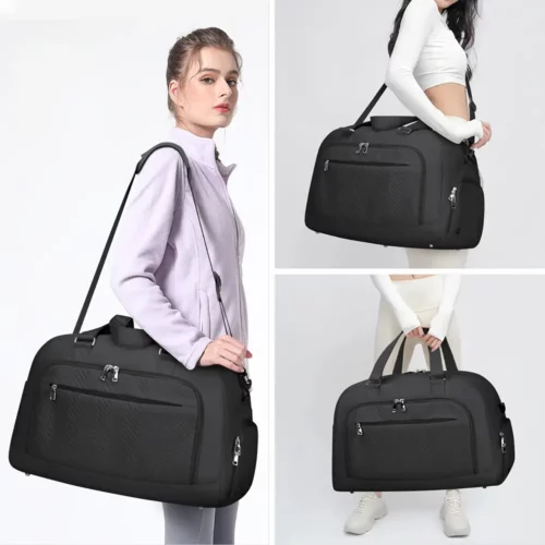 Sac week-end femme en polyester noir avec compartiment à chaussures zippé