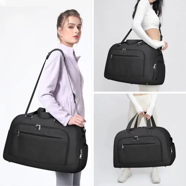 Sac week-end femme en polyester noir avec compartiment à chaussures zippé