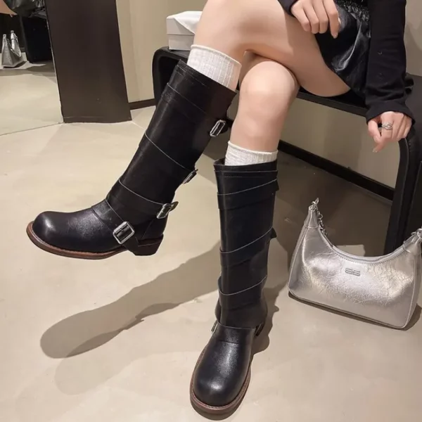 Bottes cavalières femme en cuir épais – style western polyvalent à la cheville