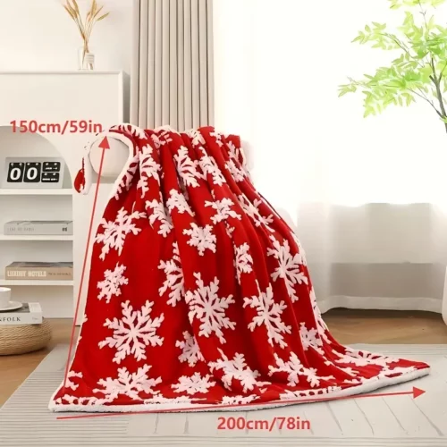 Plaid polaire de Noël rouge avec flocons – couverture douce et festive