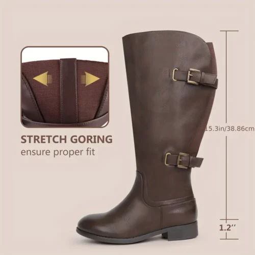 Bottes femme à tige large en simili cuir – bout rond, talon épais, style élégant