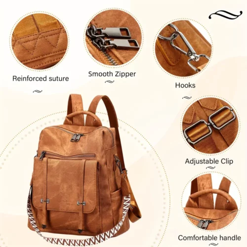 Sac à dos femme urbain léger en simili cuir marron – style élégant et anti-vol