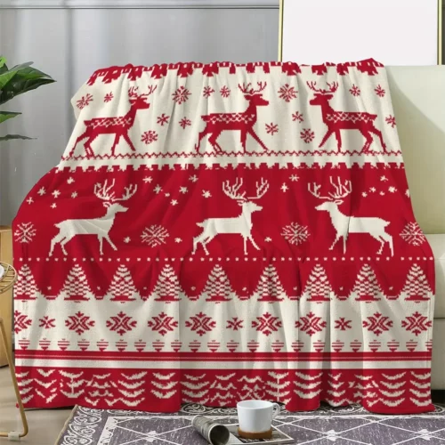 Plaid de Noël en flanelle douce à motif rennes rouges et blancs – ambiance festive