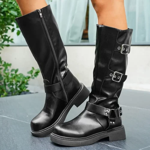 Bottes femme à talon épais avec boucle latérale – semelle antidérapante PU