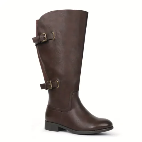 Bottes femme à tige large en simili cuir – bout rond, talon épais, style élégant