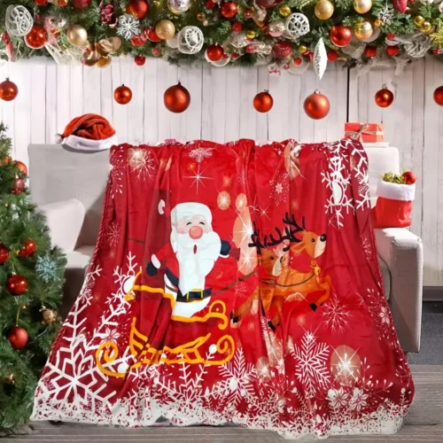 Plaid polaire de Noël doux – motif renne et flocons pour canapé ou lit