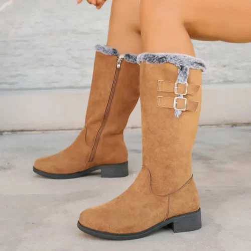 Bottes femme rétro à talon bas avec fausse fourrure et zip – style hivernal chic