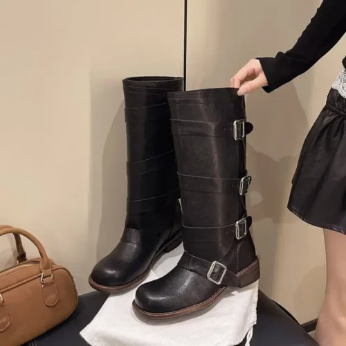 Bottes cavalières femme en cuir épais – style western polyvalent à la cheville