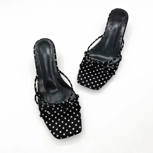 Sandales à petit talon femme – mule élégante à pois bout carré confortable