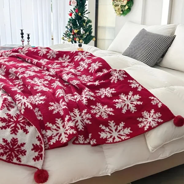 Plaid de Noël tricoté motif renne et flocon – déco chaleureuse festive